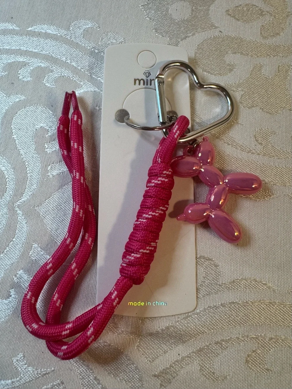 New MINT Paracord Pink Balloon Dog Charm Keychain with Heart Carabiner